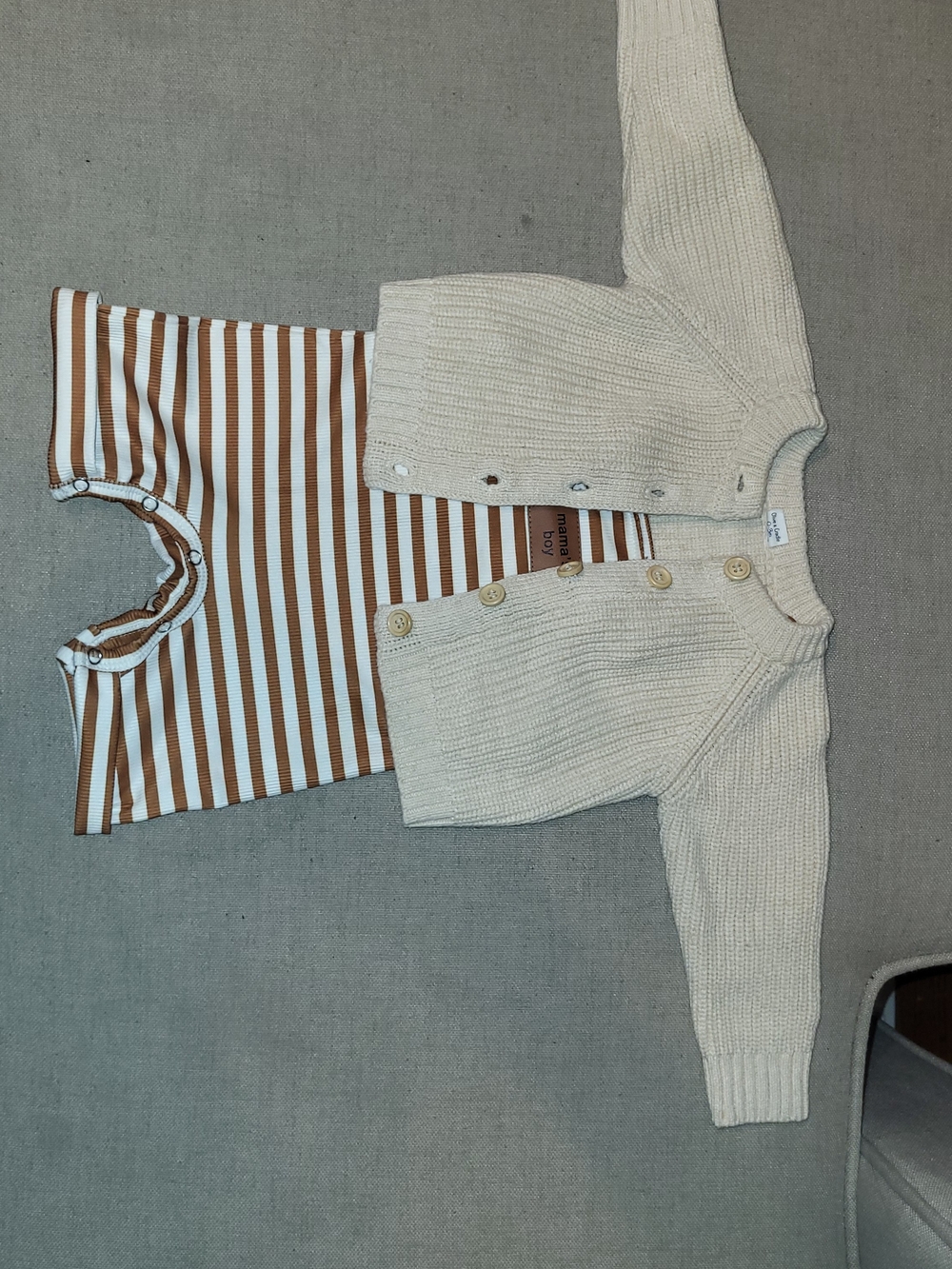 Mama's Boy Brown & White Striped Baby Romper and Cream cardigan